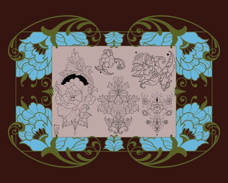 Planche de flashs au trait — pivoines et volutes ornementales — présentée dans un cadre Art nouveau vert et bleu