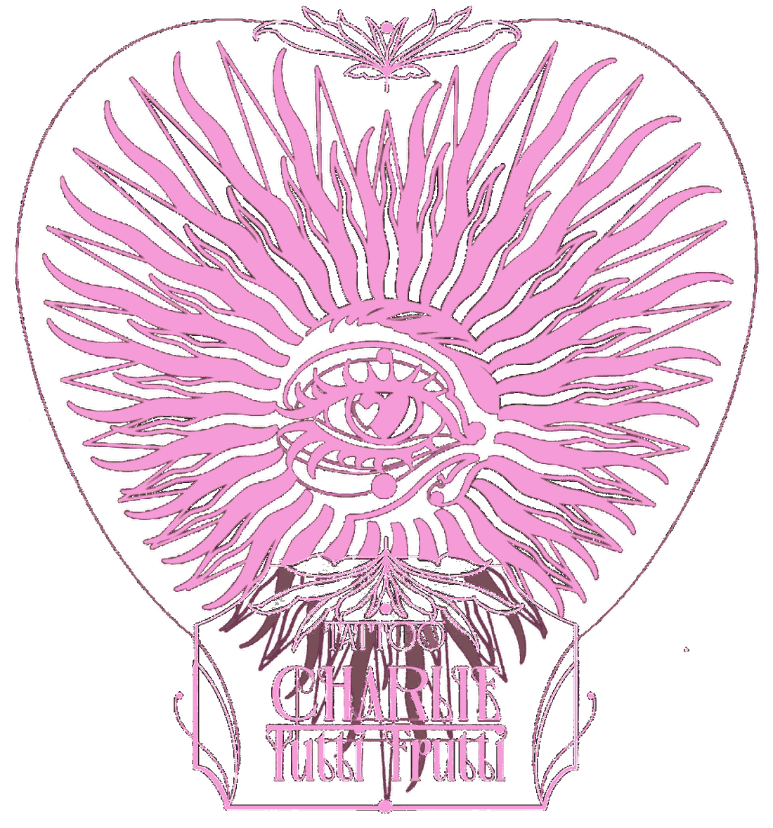 Logo : un cœur rayonnant à l'œil surmontant un cartouche « Tattoo Charlie Tutti Frutti »