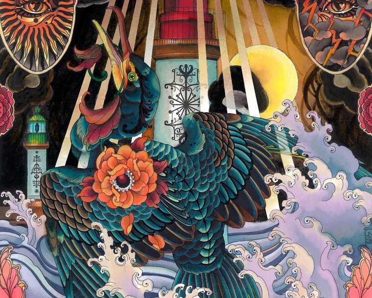Affiche peinte : un grand oiseau turquoise et une pivoine orange devant un phare, dans les vagues