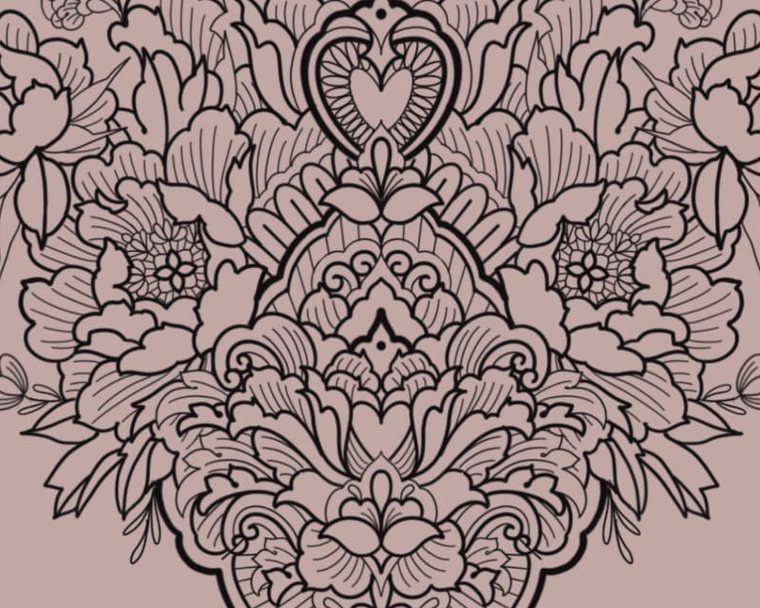 Grand motif ornemental symétrique au trait : un cœur au centre, entouré de pivoines et de feuilles d'acanthe