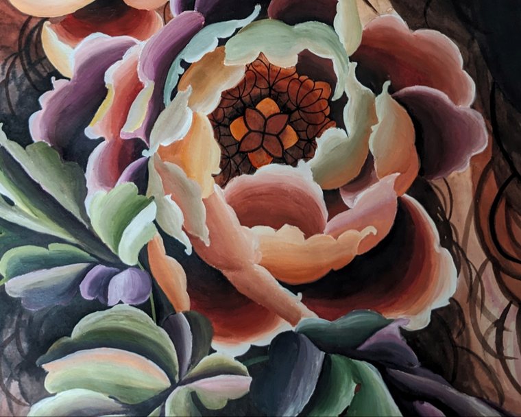 Peinture de pivoines en pêche, prune et vert d'eau, aux pétales largement ourlés